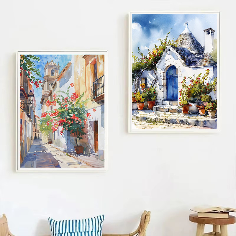 (พร้อมกรอบ) สีน้ํา Coastal Landscape Travel City Morocco ฝรั่งเศสสเปนผ้าใบภาพจิตรกรรม - รูปที่ 2