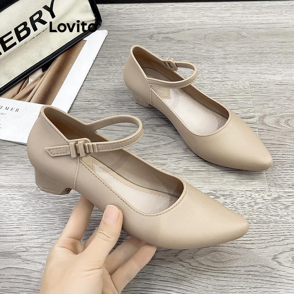 Lovito สง่างามธรรมดาชี้บล็อกส้นสบายสวมใส่ด้านนอกปากตื้นหนึ่งคําเข็มขัดรองเท้าส้นสูงสําหรับผู้หญิง  LFA64236