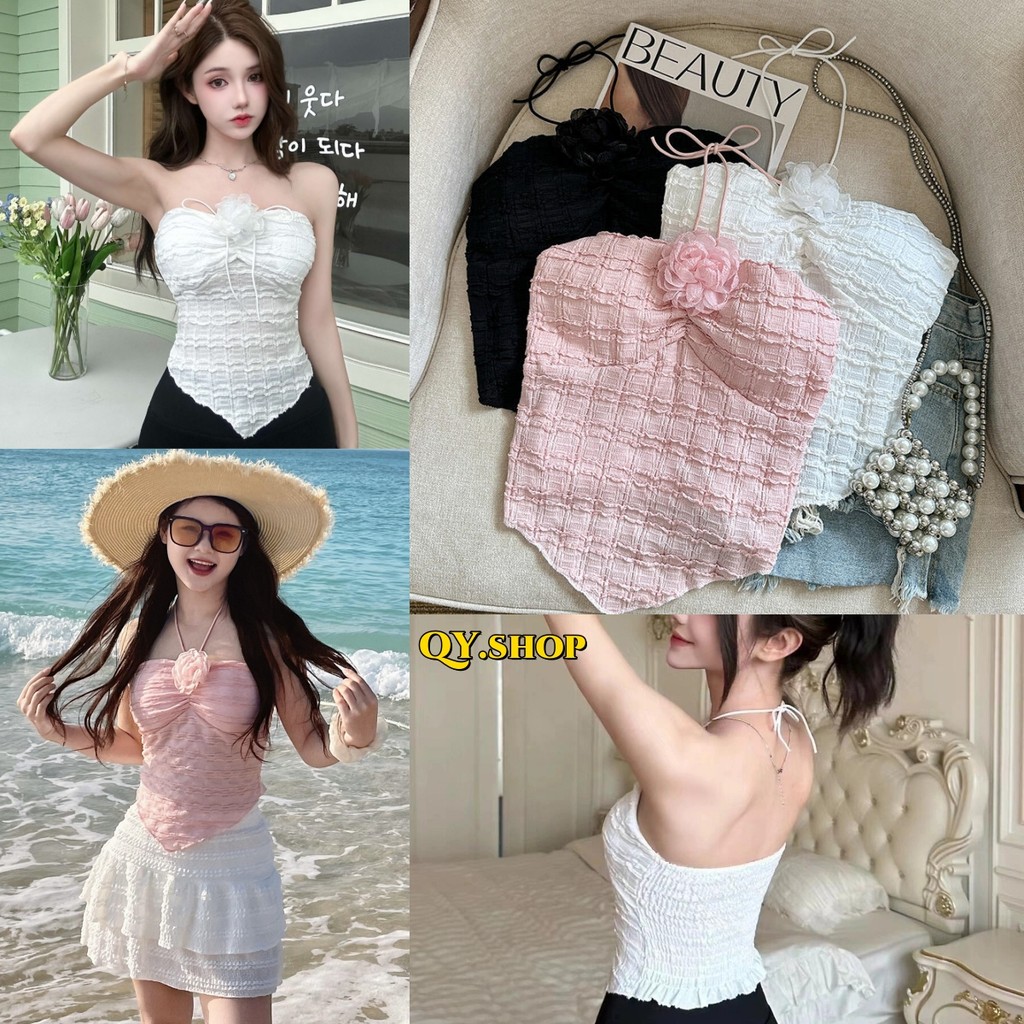 QY.Shop⭐️สินค้าราคาพิเศษ⭐️​พร้อมส่ง เสื้อเกาะอกผูกคล้อง ผ่าไหมพรม  แถมเข็มกัดดอกไม้มี 3สี  