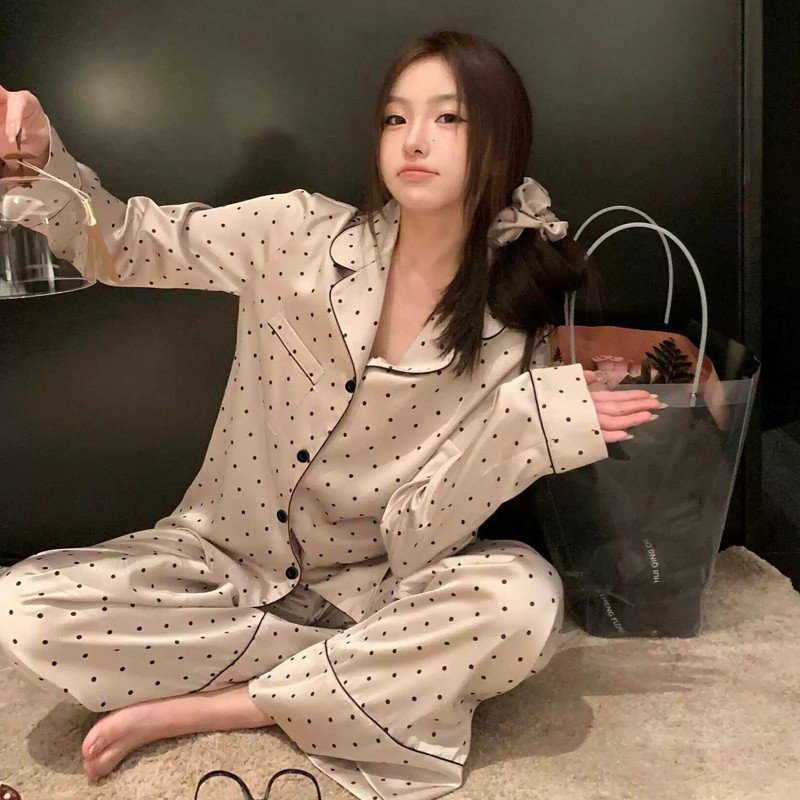 Lapel Polka Dot พิมพ์ชุดนอนแขนยาวกางเกง Loungewear ผู้หญิงฤดูร้อน Pa