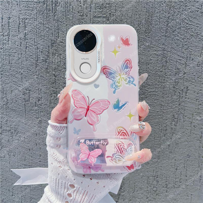 เคส Vivo V50 V40 Y200 5G เคส Vivo V40 Pro เคสน่ารักสีชมพูผีเสื้อด้านแข็งกันกระแทกเคสกระจกที่วางโทรศั