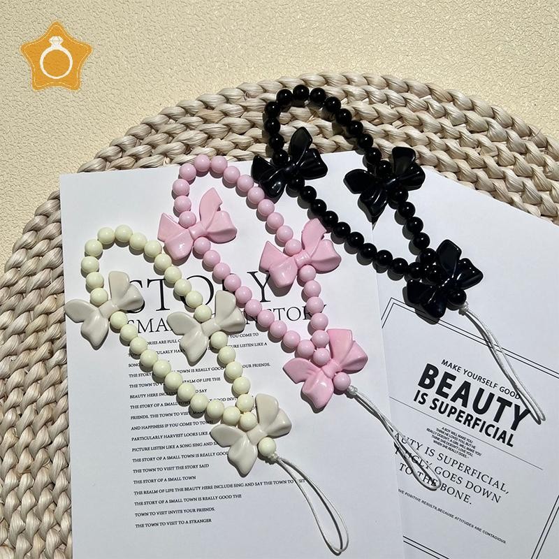 [GE] Y2K Bowknot Beaded Phone Chain สําหรับสาวหวานสีชมพูโบว์โทรศัพท์มือถือ Lanyard สายรัดข้อมือ Anti