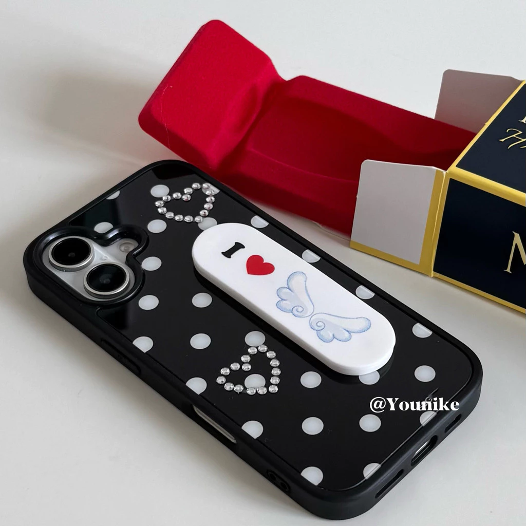 Polka Dot Style Bracket สไตล์เกาหลี ins สไตล์ y2k Retro Polka Dot เหมาะสําหรับ phone16pro/15promax Apple 13/14/12/17promax/11 เคสโทรศัพท์ AIR เคสป้องกัน 17