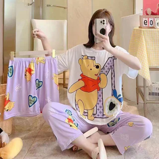 Alva พร้อมส่ง ชุดนอนลายการ์ตูนน่ารัก คอกลมแขนสั่น ผ้าบางใส่สบาย ชุดนอนแฟชั่น (เซตชุดนอน3ชิ้น) ชุดลำลองใส่อยู่บ้าน #6010