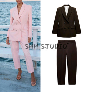 ZARA เบลเซอร์กระดุมสองแถวพร้อมแผ่นรองไหล่2205593 กางเกงขายาว…