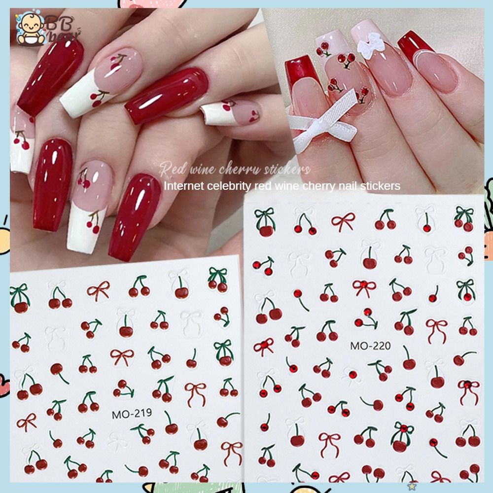 สติกเกอร์ติดเล็บลายเชอร์รี่สีแดงไวน์สุดน่ารัก ไม่หลุดง่าย สติกเกอร์ติดเล็บแบบพิเศษ สติกเกอร์ติดเล็บ