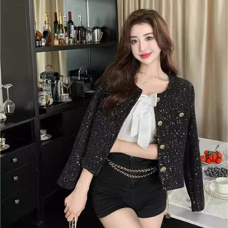 อ๊อฟ ขาว Blazer เสื้อทวิต ผู้หญิง สไตล์คุณหนู มีซับในตัว เสื้อคลุม งานสวยหรูหรา กระดุมผ่ากลาง แขนยาว