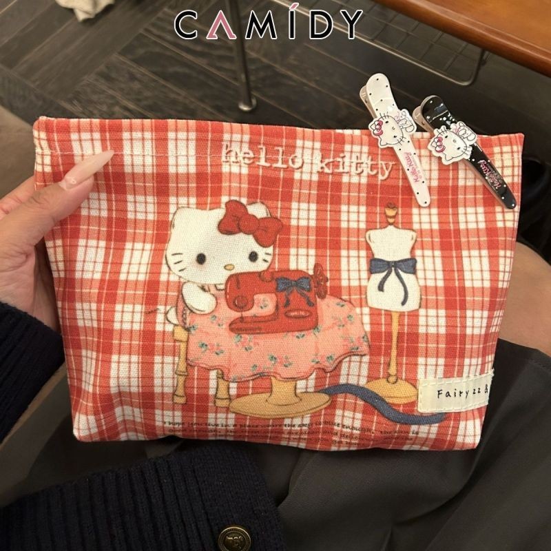 Camidy Niche กระเป๋าแต่งหน้าความจุขนาดใหญ่ Hello Kitty ลายสก๊อตวินเทจ
