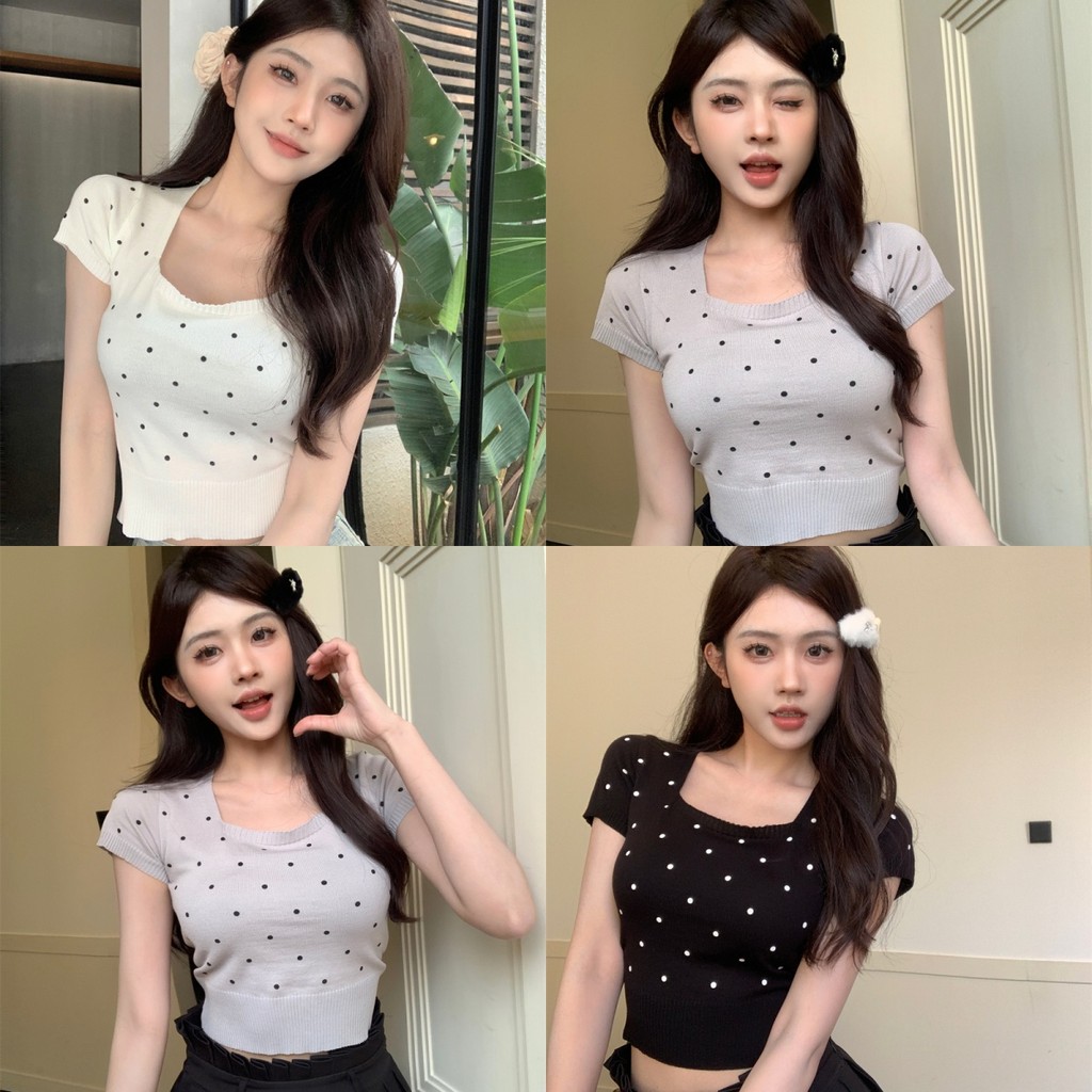 ✨Soroh✨เสื้อยืดผู้หญิง แขนสั้น คอเหลี่ยม ลายจุด ผ้ายืด นุ่ม💫เสื้อครอป สไตล์ลำลอง ใส่สบาย น่ารักๆ🌟#BK