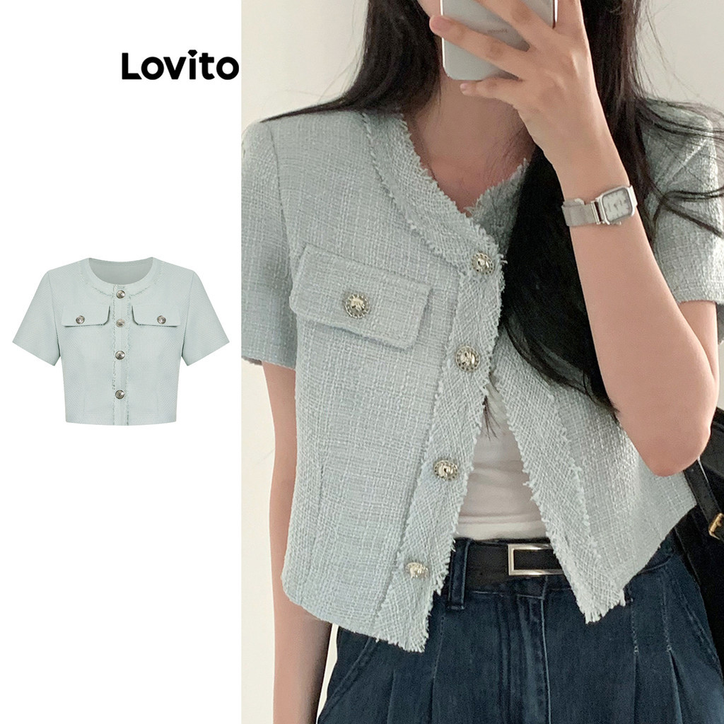 Lovito เสื้อแจ็คเก็ตปลอมสำหรับผู้หญิงกระดุมธรรมดามิ้มดิบสำหรับผู้หญิง L98AD185