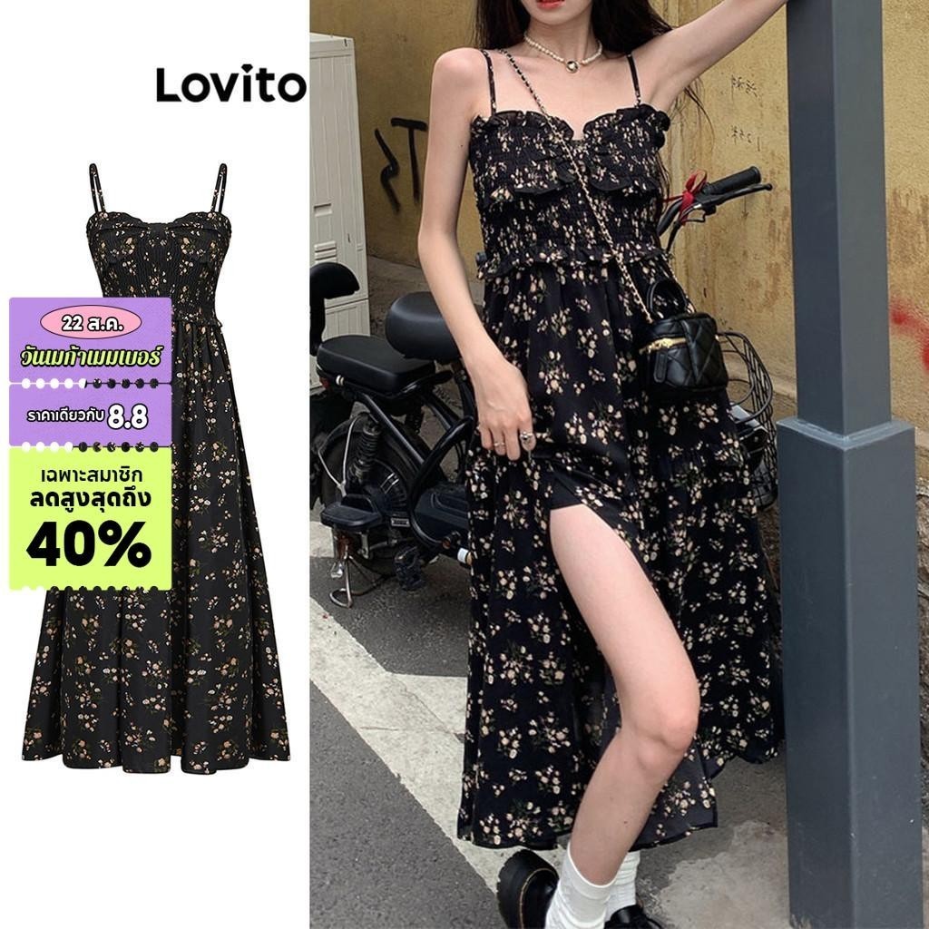 Lovito ชุดเดรสผู้หญิง แต่งสม็อค พิมพ์ลายดอกไม้ สไตล์โบโฮ L79AD068