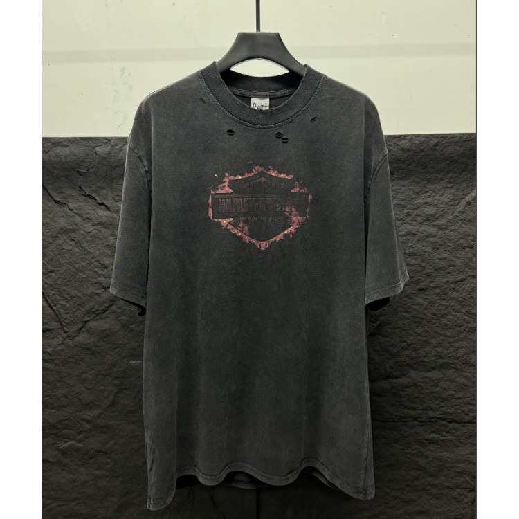 ขายร้อน SAINT < Harley Harley Limited} Spray Horse Craftsmanship Hand-Destruction Washing Distressed Short Sleeve T-Shirt