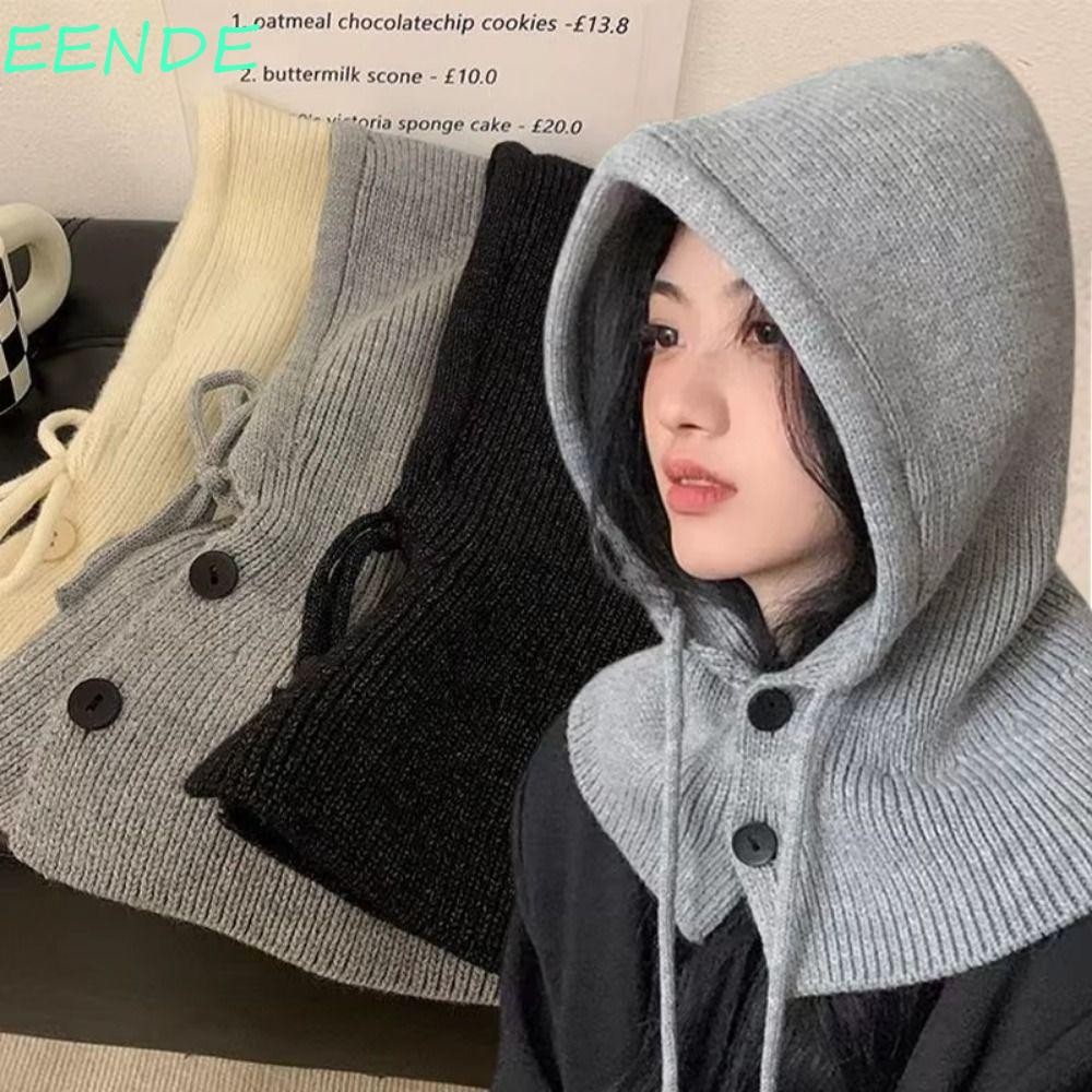 Eende ผ้าพันคอ Balaclava หมวก, หมวกบีนนี่ถักที่อบอุ่น, ปุ่มสบายกันลม Breathable Snood Collar Hood Lady