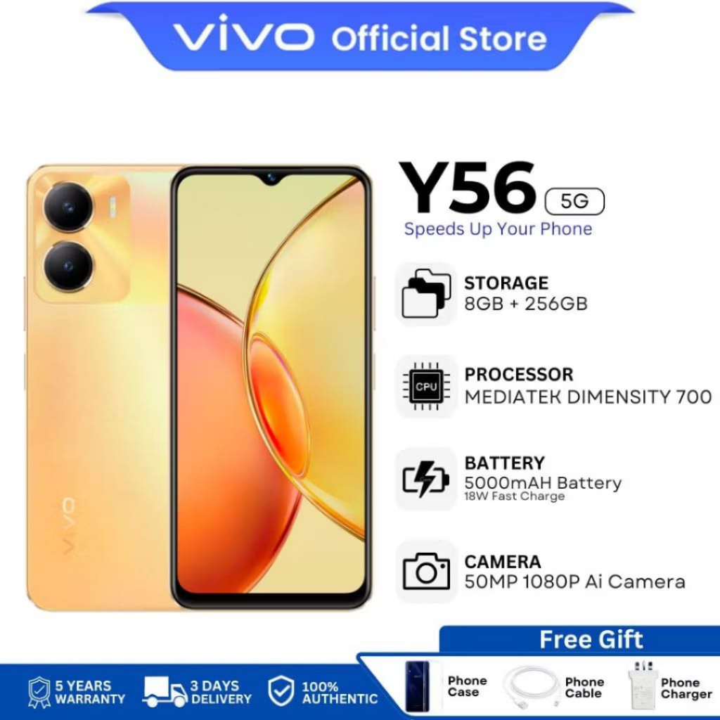 [ส่งฟรี] Vivo Y56 5G (8GB+256GB) หน้าจอ IPS LCD ขนาด กล้องหลัง 2 เลนส์ ความจุแบตเตอรี่ 5,000 mAh