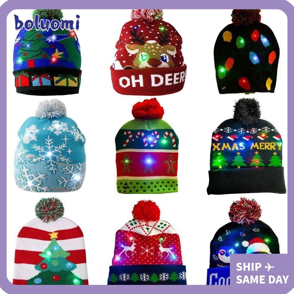 Bolumi LED หมวกคริสต์มาส, เสื้อกันหนาว Light Up Beanie หมวก, ฤดูหนาว Elk Santa รูปแบบการ์ตูนปีอุปกรณ์เด็กผู้ใหญ่