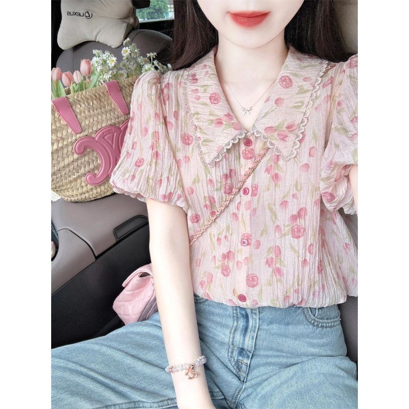 🧡LINNA🧡จัดส่งภายใน 24 ชั่วโมง🚀ชีฟอง แขนสั้น เสื้อพิมพ์ลาย หวาน น่ารัก สไตล์ใหม่