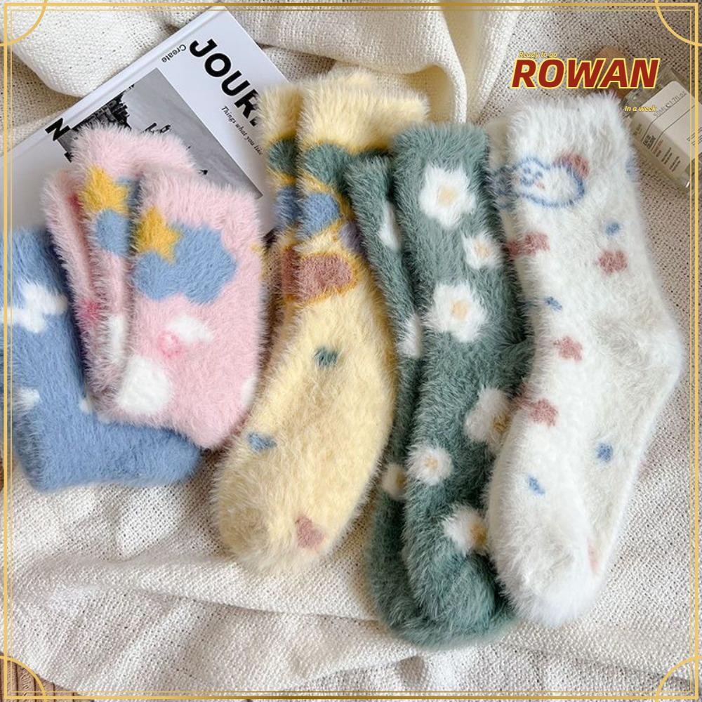 Rowans ถุงเท้ากลางหลอด, Soft Plush ดอกไม้หัวใจรูปแบบ Mink กํามะหยี่ถุงเท้า,หวาน Thicken Keep Warm Sleeping ถุงเท้าผู้หญิง