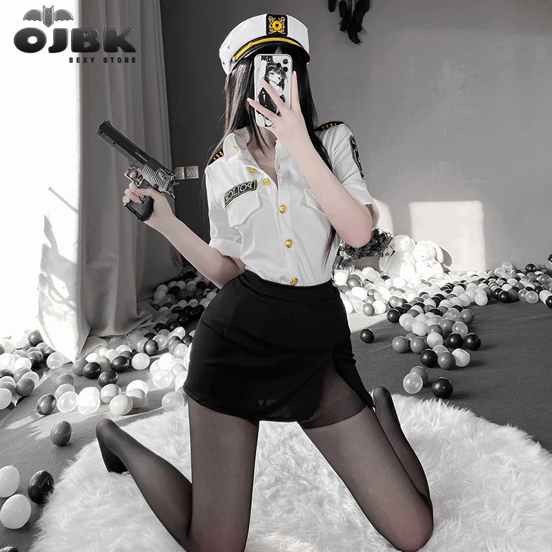 MnOJBK Police Woman Officer Uniform Sexy Secretary Erotic Outfit Smooth Stretch Dress Lingerie Polic