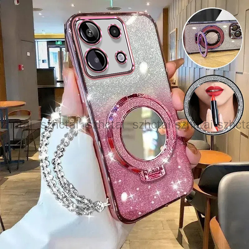 ปลอก Redmi Note 13 5G Note13 Pro Note 12 Pro Note 12S Note 13 Pro Plus 5G Luxury Electroplated Glitter เคสโทรศัพท์พร้อมความงามแต่งหน้ากระจกผู้ถือสร้อยข้อมือ Lanyard Soft Case