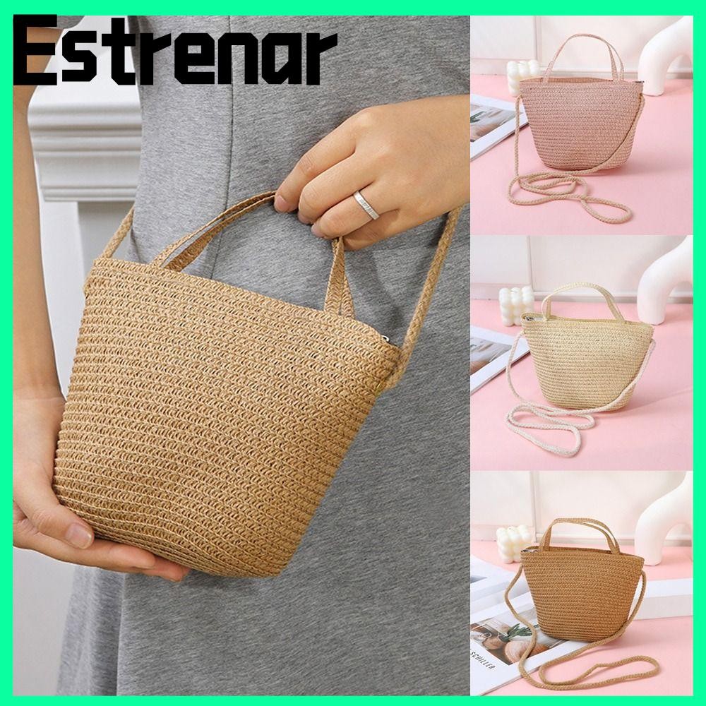 Estrenar กระเป๋าฟาง, กระเป๋าถือฟางแฮนด์เมด, กระเป๋าใส่เหรียญ Pure Color Summer Beach Bag Kid Children