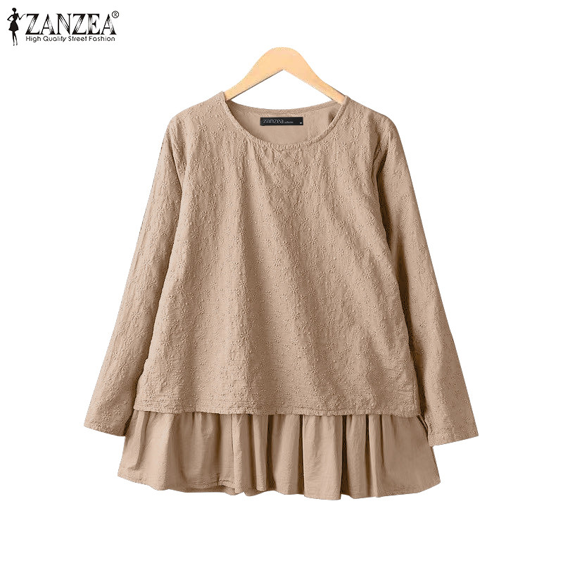 Zanzea ผู้หญิงเกาหลีลําลองคอกลมแขนยาวลูกไม้ Ruffle Hem เสื้อเบลาส์ Presale