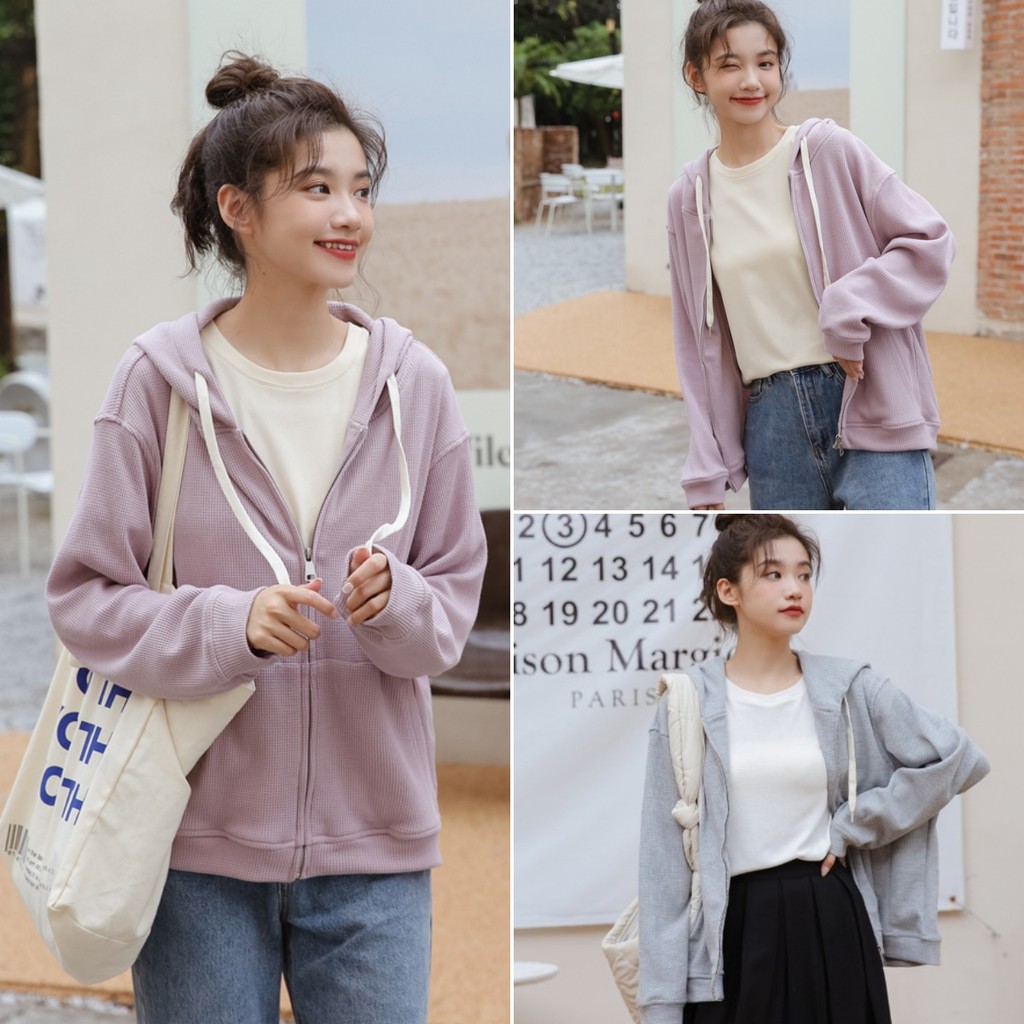 cherryshop พร้อมส่ง เสื้อคลุมแขนยาวผู้หญิง เสื้อฮู้ดแฟชั่น ผ้าวาฟเฟิล ดีไซน์เก๋ไก๋ สีพื้น สไตล์เกาหลี