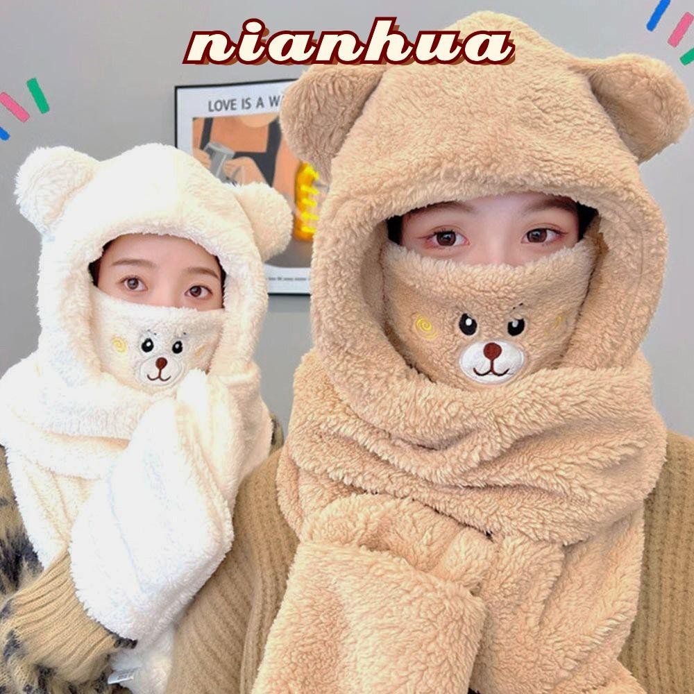 เหนียนฮวา ชุดถุงมือผ้าพันคอ,เส้นรอบวงหัวใหญ่อบอุ่นหูหมี หมวกไหมพรม หมวก,น่ารักหนาสีทึบ ประกบกัน อบอุ่นสีขาวหมวกสกีผู้หญิง