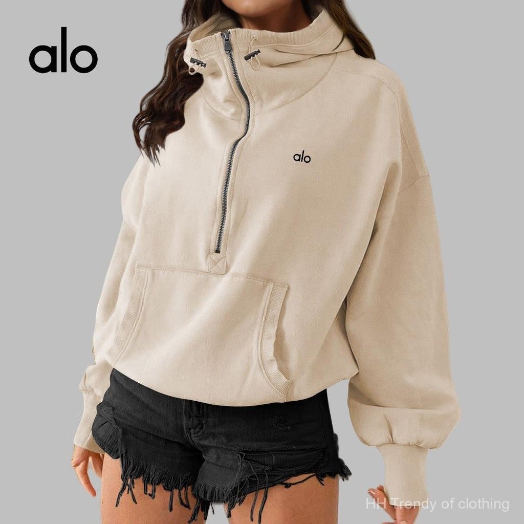 alo yoga    เสื้อสเวตเตอร์ชุดโยคะแบบอเมริกันมีฮู้ดผู้หญิงเสื้อซิปสำหรับกีฬากลางแจ้งมีเชือกรูดเสื้อแขนยาวเสื้อแจ็คเก็ตฤดูใบไม้ร่วง