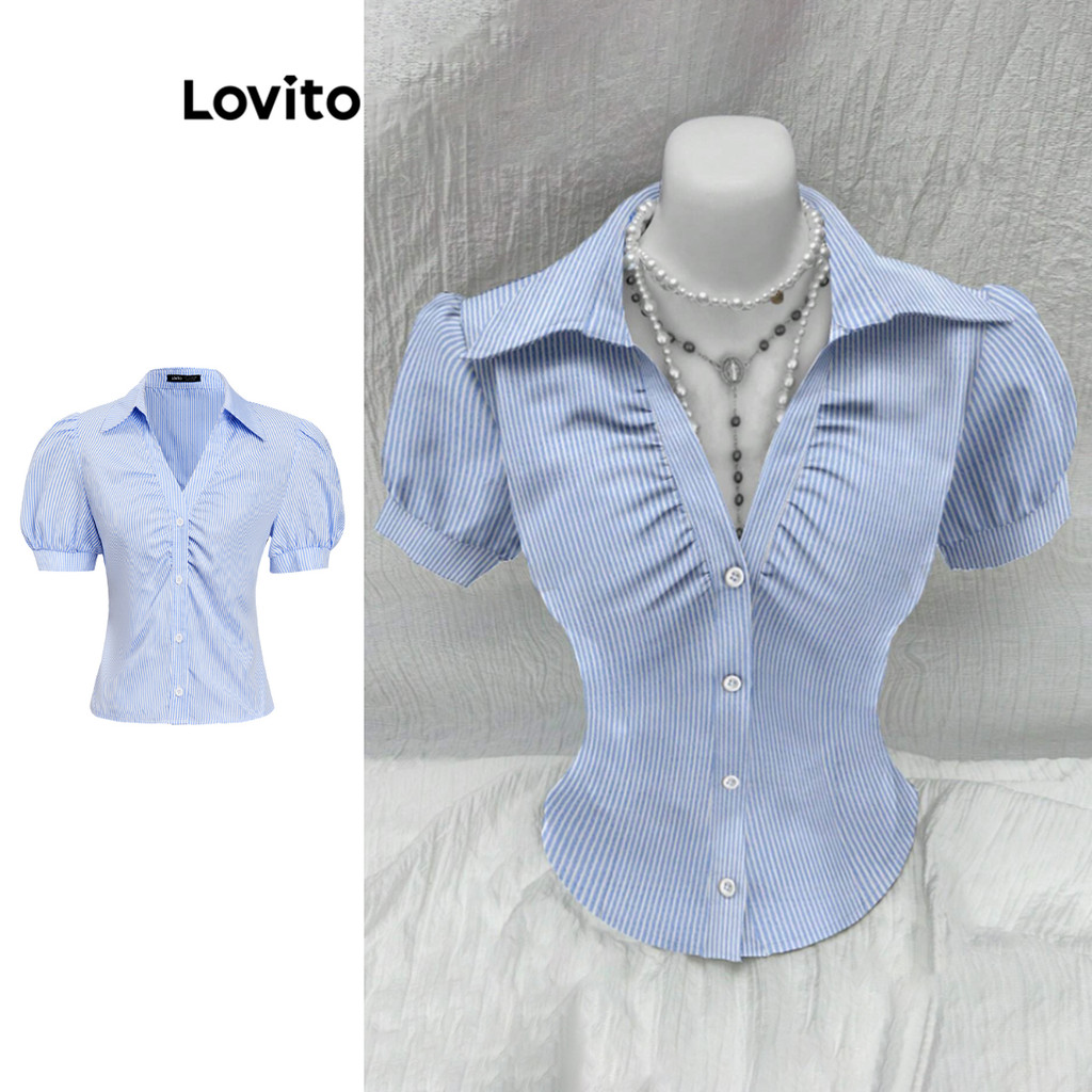 Lovito เสื้อเบลาส์ลายทางจับจีบแบบลำลองสำหรับผู้หญิง L108ED279