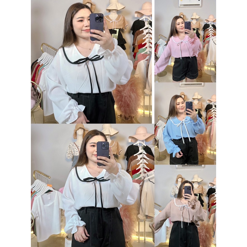 น56 เสื้อคอบัวแขนยาวแต่งโบว์หน้า (2 ขนาด)