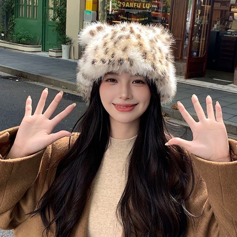 หมวกหูหมีพิมพ์ลายเสือดาว-อเนกประสงค์,แสดงใบหน้าขนาดเล็ก-สําหรับฤดูใบไม้ร่วงฤดูหนาวเก็บอุปกรณ์เสริมที่อบอุ่น-น่ารัก,การ์ตูน-กันลม,เลียนแบบ ลิ้งซ์ ขน-ตุ๊กตาป้องกันหูหม - รูปที่ 3