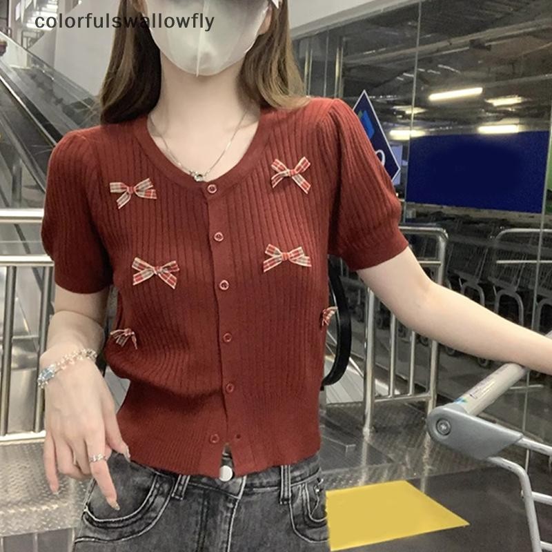 สีสันswallowfly ฤดูร้อนโบว์หวานคอกลมแขนสั้นเสื้อคาร์ดิแกนถักผู้หญิงเสื้อครอป COD