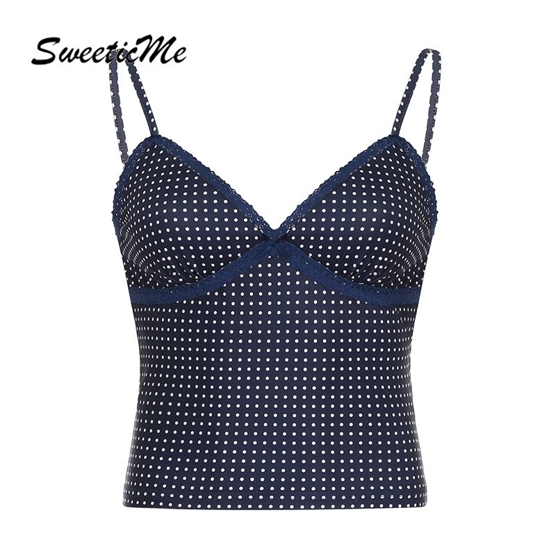 Sweeticme ผู้หญิง 2025 ใหม่แฟชั่น Polka Dotted Contrast สี V คอเซ็กซี่ All Match สายคล้องคอเสื้อกล้าม Camisole