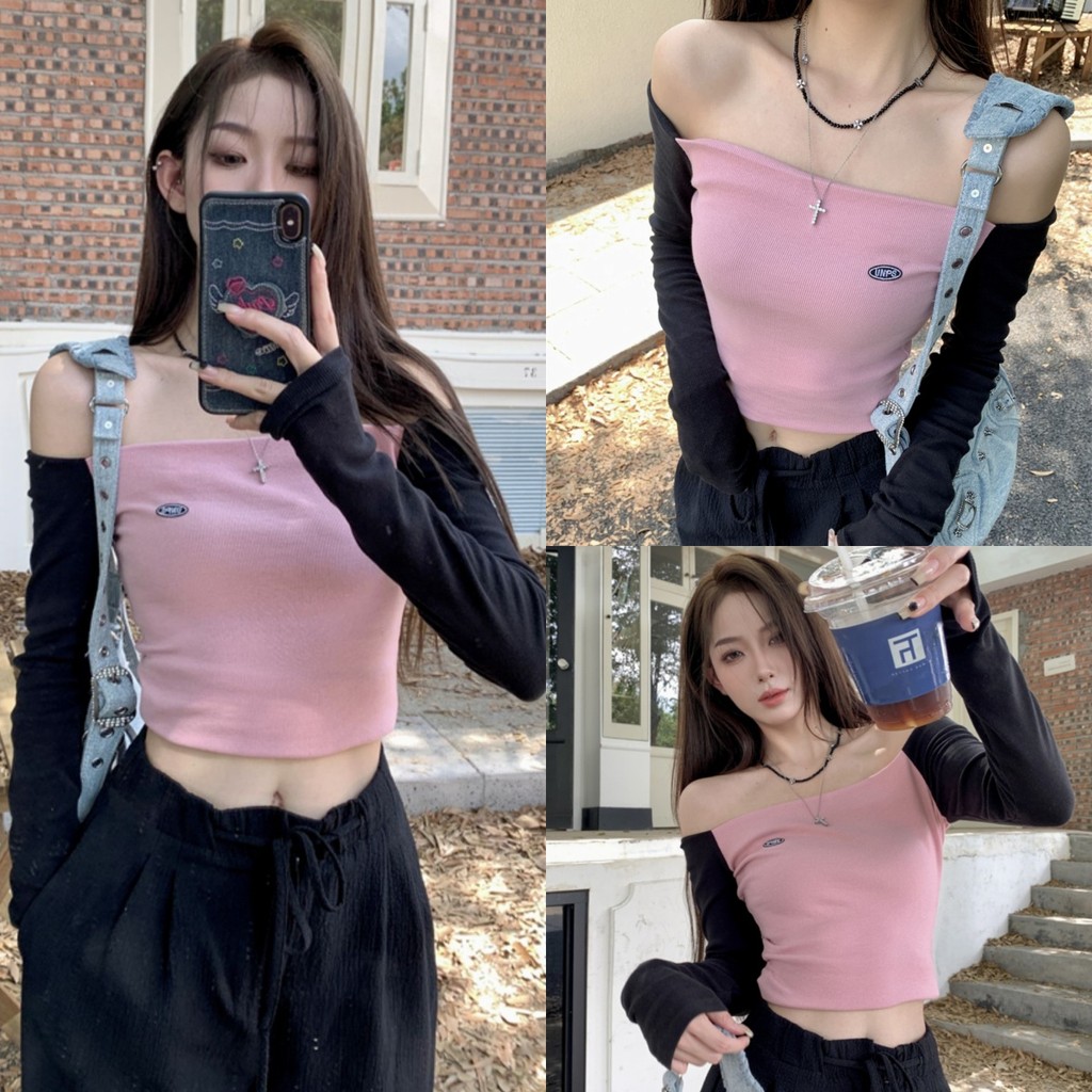 Anne เสื้อยืดผู้หญิง เปิดไหล่ สีทูโทนชมพูดำ ผ้านุ่ม เข้ารูป เสื้อแขนยาว สไตล์เกาหลี แฟชั่น #M5878