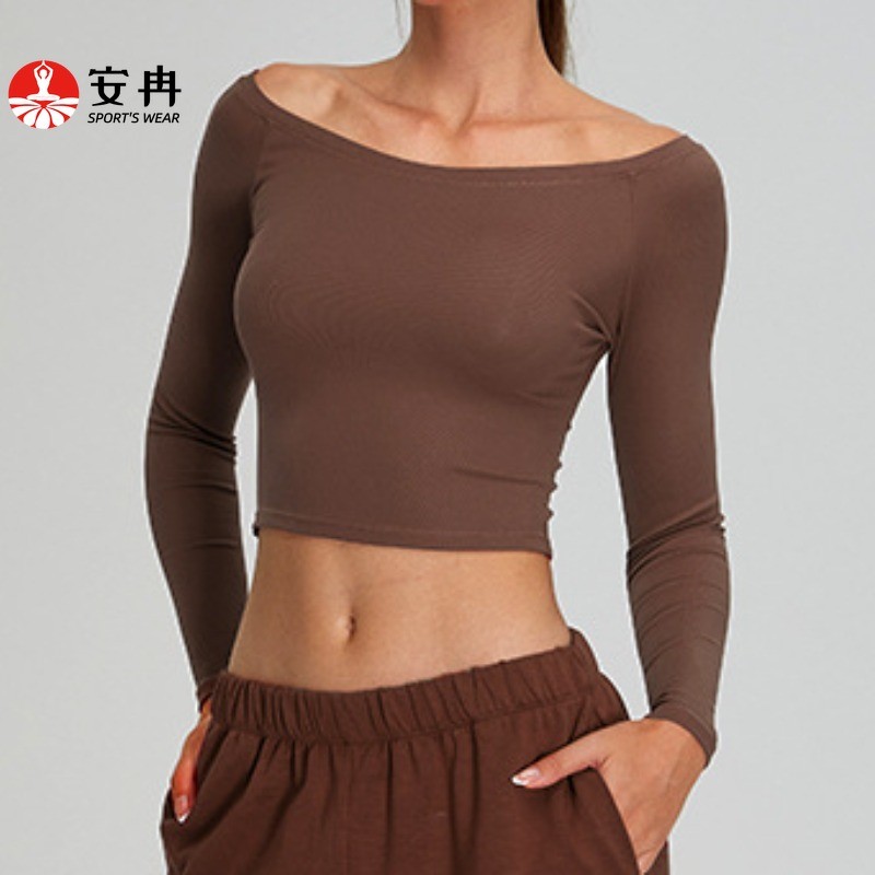 AnranNo Padsกีฬาเซ็กซี่คอเรือ Slim แขนยาวโยคะเต้นรํา Crop Top