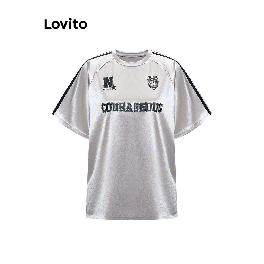 Lovito เสื้อยืดผูกตัวอักษรลำลองคอนทราสต์สำหรับผู้หญิง L101AD138