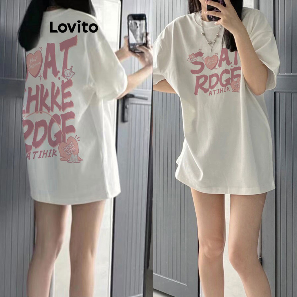 Lovito เสื้อยืดผู้หญิง ลายตัวอักษร สไตล์ลำลอง LNE56438