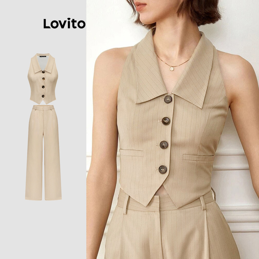 Lovito ชุดเซ็ทกางเกง พร้อมเสื้อ มีกระดุม สีพื้น สไตล์หรูหรา สำหรับผู้หญิง L87ED135