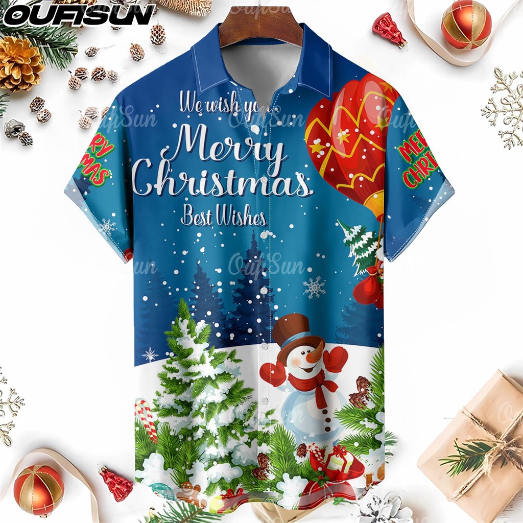 คริสต์มาสปาร์ตี้ครอบครัวปีใหม่เสื้อเชิ้ตแขนสั้นผู้ชายลําลองระบายอากาศแห้งเร็วเสื้อเชิ้ตขนาดใหญ่ด้านบน