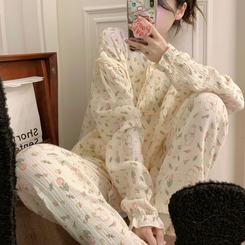 Oio ชุดใส่ในบ้านแขนยาวผ้าลูกไม้สไตล์ญี่ปุ่นน่ารักลายกระต่าย