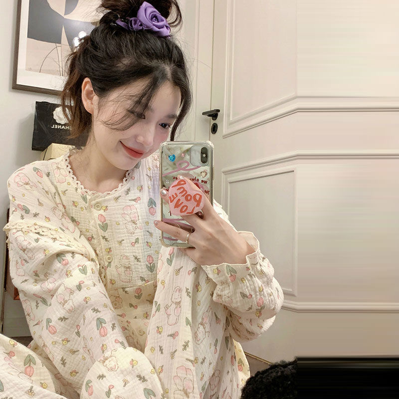 Oio ชุดใส่ในบ้านแขนยาวผ้าลูกไม้สไตล์ญี่ปุ่นน่ารักลายกระต่าย
