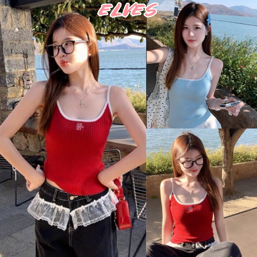 Elves พร้อม💟 เสื้อสายเดี่ยว สีสดใส ผ้าร่องปักตัวอักษร ซัมเมอร์ ใส่สบาย เข้ารูป "Y9911"