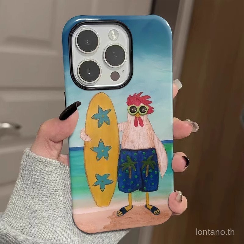 กระดานโต้คลื่นชายหาด ไก่ ใช้ได้กับเคสโทรศัพท์ iPhone 16 15 14 13 12 11 Pro Max 16 Pro 7/8 Plus เคสแข