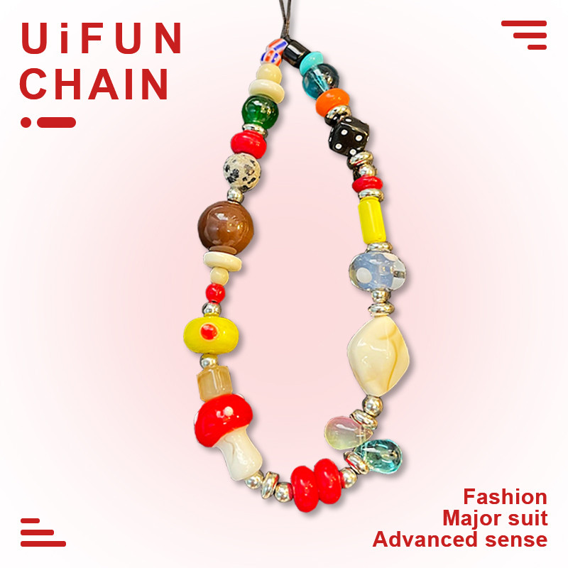 น่ารัก เห็ดที่มีสีสันลูกปัดโทรศัพท์มือถือเชือกเส้นเล็กสายรัดข้อมือสร้อยข้อมือที่ทําด้วยมือพวงกุญแจสตริงแขวนสายไฟเครื่องประดับป้องกันการสูญ