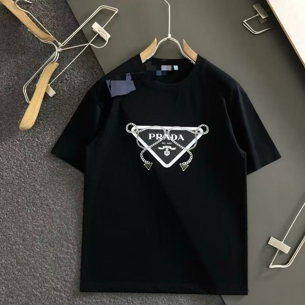 Prd สไตล์ใหม่ Street Wear เสื้อยืดพิมพ์ตัวอักษรสามเหลี่ยมคู่ฤดูร้อน All-Match ผู้ชายผู้หญิงสบายๆรอบค
