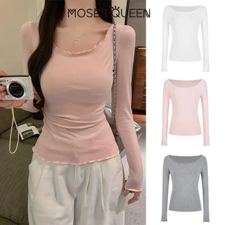 MOSESQUEEN เสื้อยืดแขนยาวเปิดไหล่สีเทาเพียวสําหรับผู้หญิงในต้นฤดูใบไม้ร่วงสาวฮอตไหล่เดียวขอบหูไม้เสื้อ จุดต่ําสุด ด้านบน #62818