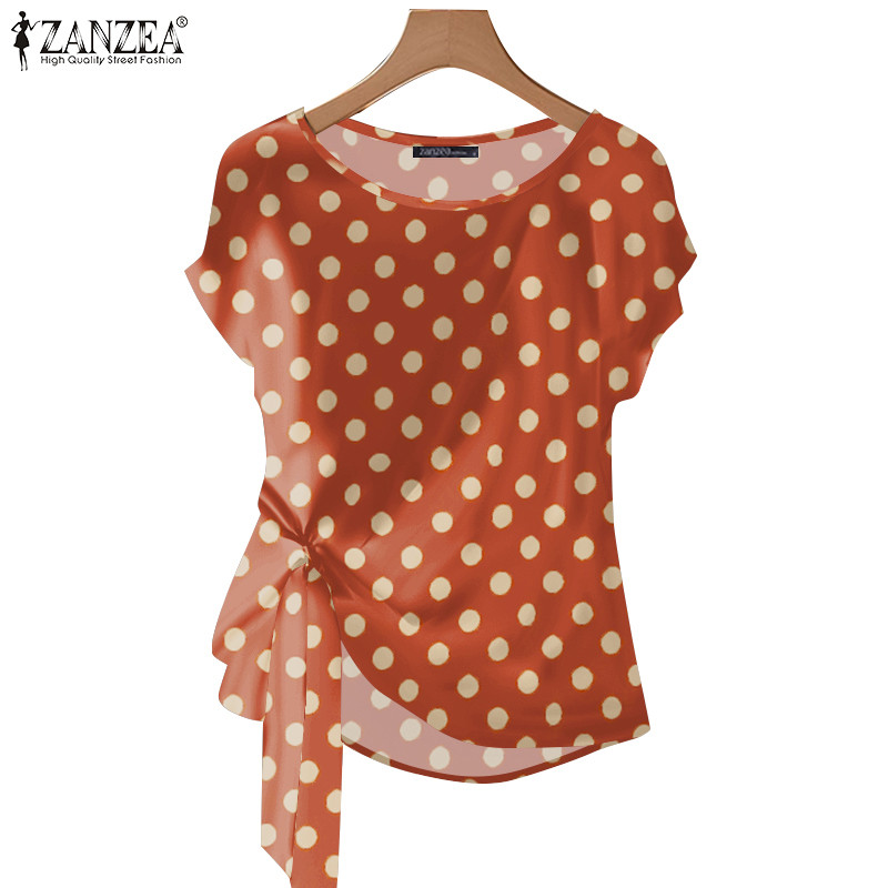 Zanzea เสื้อเบลาส์ดีไซน์ผูกเชือกคอกลมลายจุดสําหรับผู้หญิง