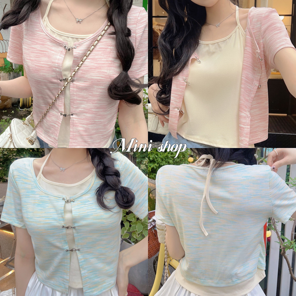 Mini shop พร้อมส่ง (96195) เสื้อไหมพรม แขนสั้นคอกลม ผ้ายืด แต่งสองชั้นสีสดใส ผ้าใส่สบาย ราคา ถูกที่สุด ดีลบีเคเค