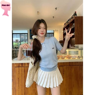 💋Pink girl💋​พร้อมส่ง เสื้อโปโลไหมน้ำแข็งปักโบว์สไตล์ฟร็องเซ่👒 "YT23"