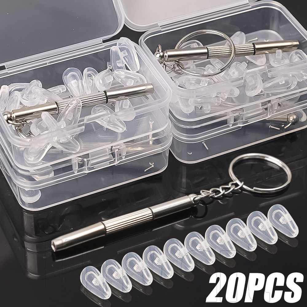 20 ชิ้น/กล่องสกรูอ่อนนุชแผ่นรองจมูกชุด-อุปกรณ์เสริมแว่นตา-ซิลิโคนอ่อนนุ่มลื่นแผ่นรองจมูก-แผ่นจมูกโปร่งใส-สกรูเปลี่ยนเครื่องมือซ่อม-เบาะลมBolesเบาะแว่นตา